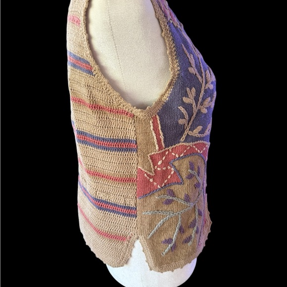 Sigrid Olsen Sport Vest Small Embroidered Knit Ramie Cotton Boho Patchwork Y2K - Picture 2 of 9